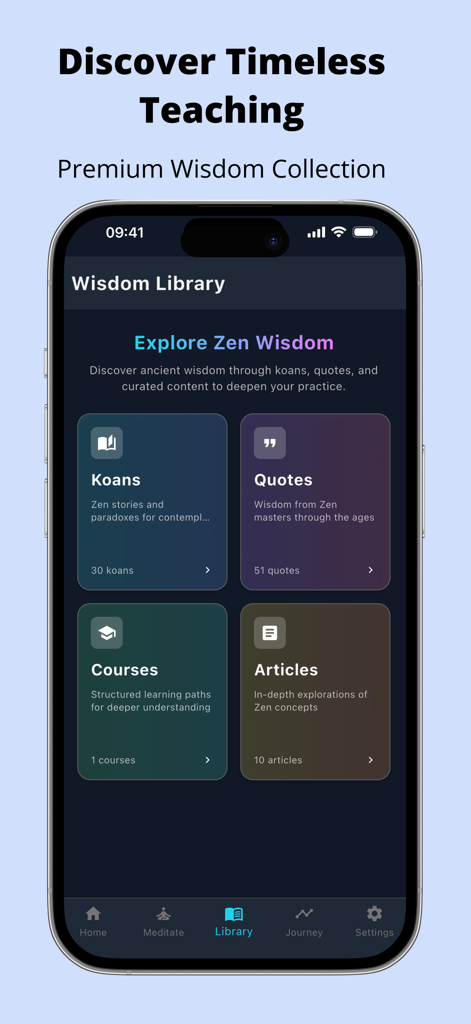 Zen Daily: Buddhism Practice - Interfaz de la Biblioteca de Sabiduría de la app Zen Daily que muestra categorías para Koans, Citas, Cursos y Artículos