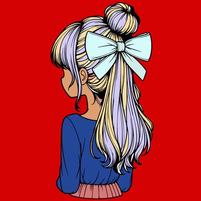 realistic girl  with hip length hair a bun and a big bow on the back of head