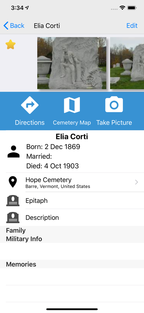 BillionGraves - BillionGraves app interface showing grave record information and headstone photos for Elia Corti at Hope Cemetery
