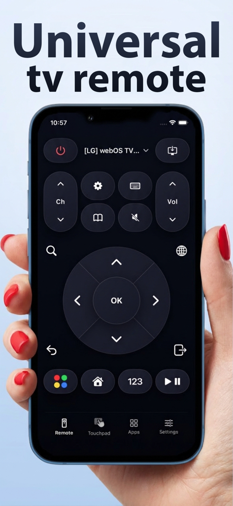 Universal TV Remote Control ▸ - A hand holding an iPhone showing the Universal TV Remote Control app interface with navigation and volume controls