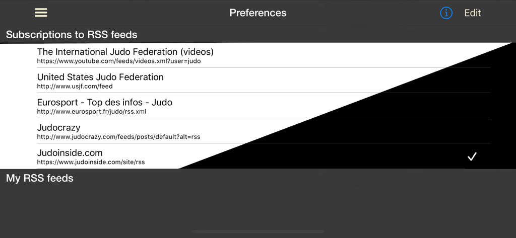 Pantalla de preferencias de la aplicación Judo Gokyo que muestra varias suscripciones a fuentes RSS para noticias de judo internacionales y nacionales