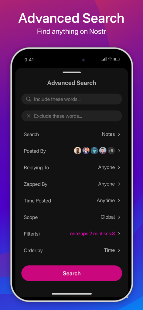 Primal - Advanced search interface of the Primal app showing filters for keywords, users, and engagement metrics on the Nostr protocol