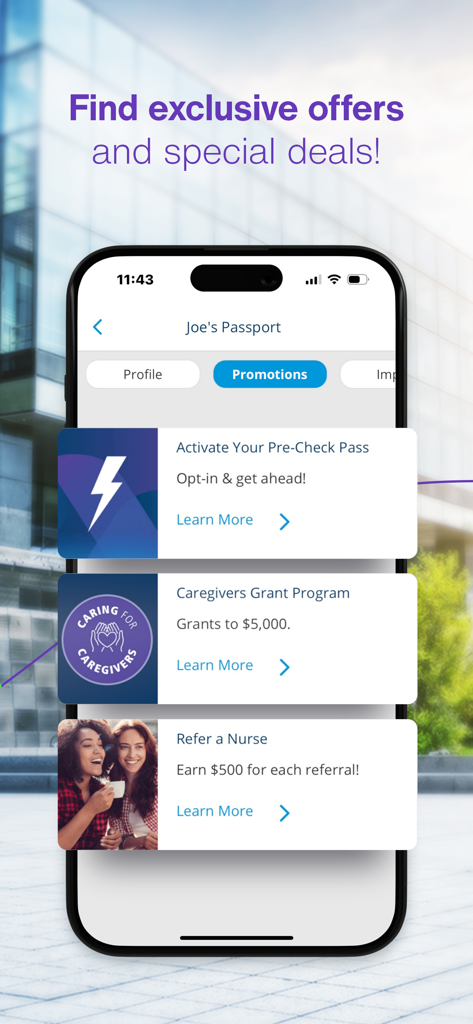 AMN Passport: Healthcare Jobs - The promotions tab of the AMN Passport app showcasing exclusive deals and bonuses for healthcare workers.