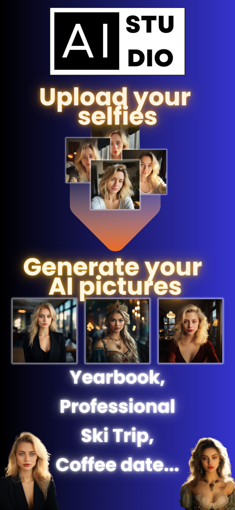 Um gráfico de marketing para o AI Studio mostrando o processo de upload de selfies para gerar fotos profissionais e de estilo de vida com IA, incluindo estilos de anuário e encontro para um café
