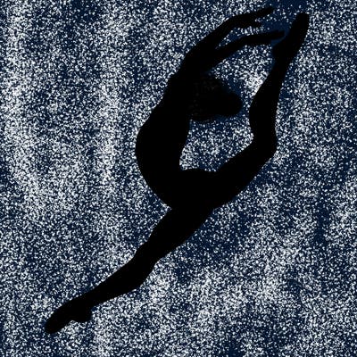 gymnast doing a leap in a leotard with a bent back leg