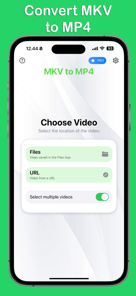 MKV in MP4 Konverter App-Oberfläche unter iOS mit Videoauswahloptionen aus Dateien oder URL und einem Mehrfachvideo-Schalter.
