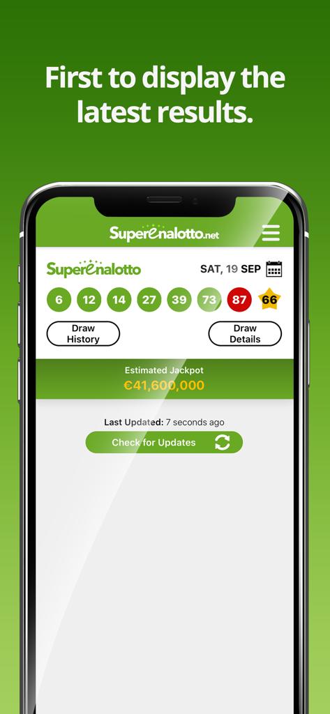 Smartphone screen showing the SuperEnalotto app with winning numbers and the estimated jackpot amount.