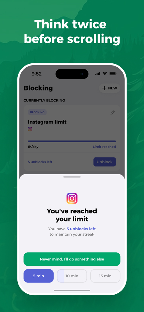 Roots: Screen Time Control - Smartphone screen showing an Instagram limit reached notification from the Roots app with options to unblock or stay focused.