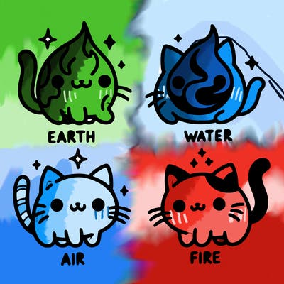 4 cats that represent the different elements, earth, water, air, and fire