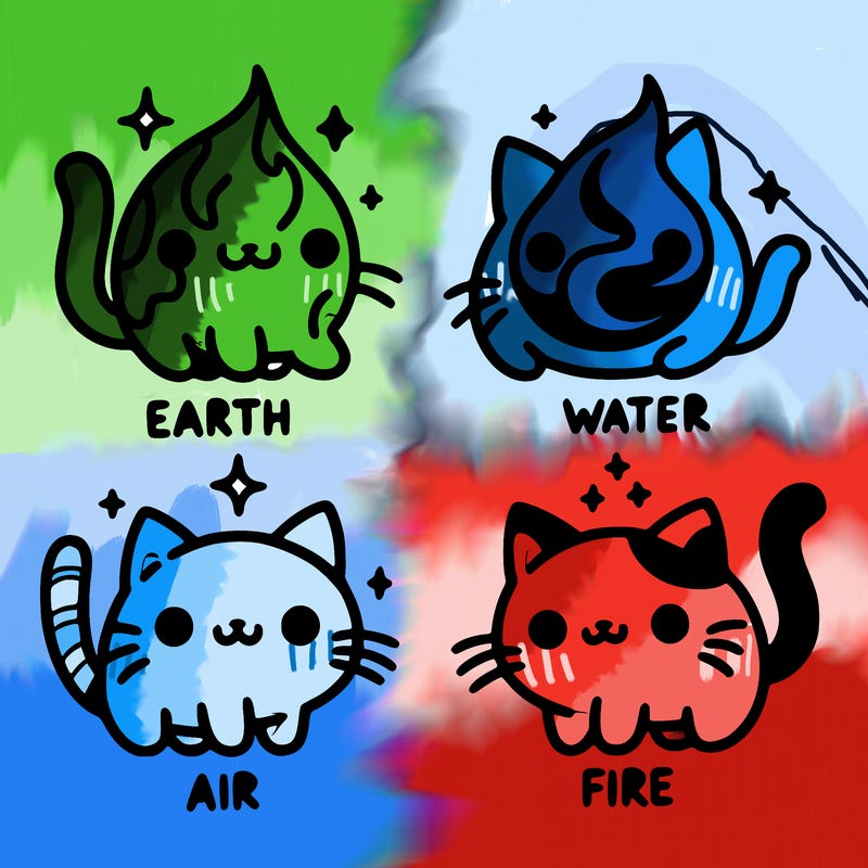 4 cats that represent the different elements, earth, water, air, and fire