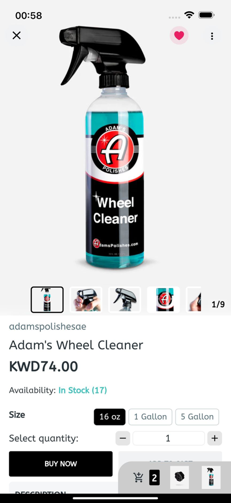 가격과 크기 옵션을 보여주는 자동차 디테일링 부티크 모바일 앱의 Adam's 휠 클리너 제품 페이지.