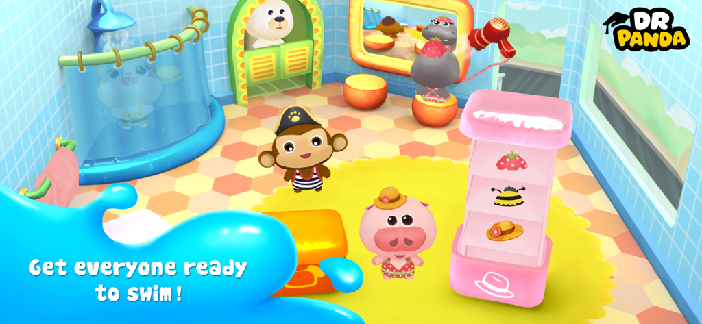 Animal characters getting dressed and ready in the locker room of Dr Panda Swimming Pool