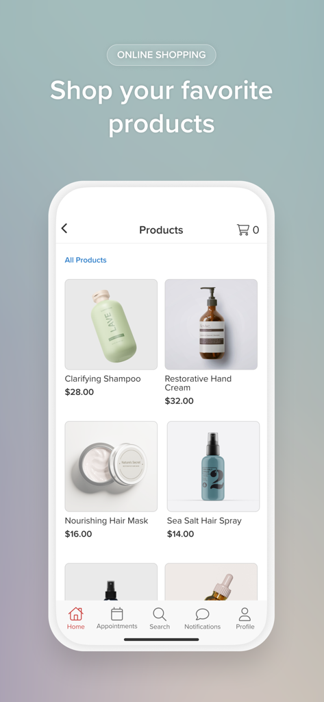 Eine mobile App-Oberfläche von Vagaro, die einen Online-Shopping-Bildschirm mit verschiedenen Schönheitsprodukten wie Shampoo, Handcreme und Haarmasken zeigt.