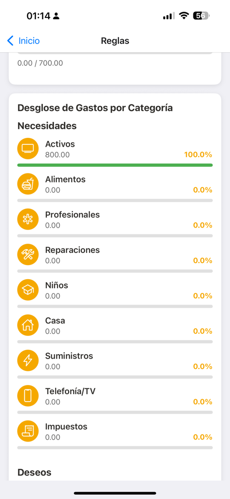 Family Finance 50/30/20 - Mobile app screen showing a list of expense categories under the Needs section following the 50-30-20 budget rule.