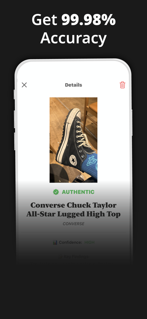 Sneaker Authenticator Ai mobile app screen showing a ninety-nine percent accuracy rating and a verified authentic sneaker result