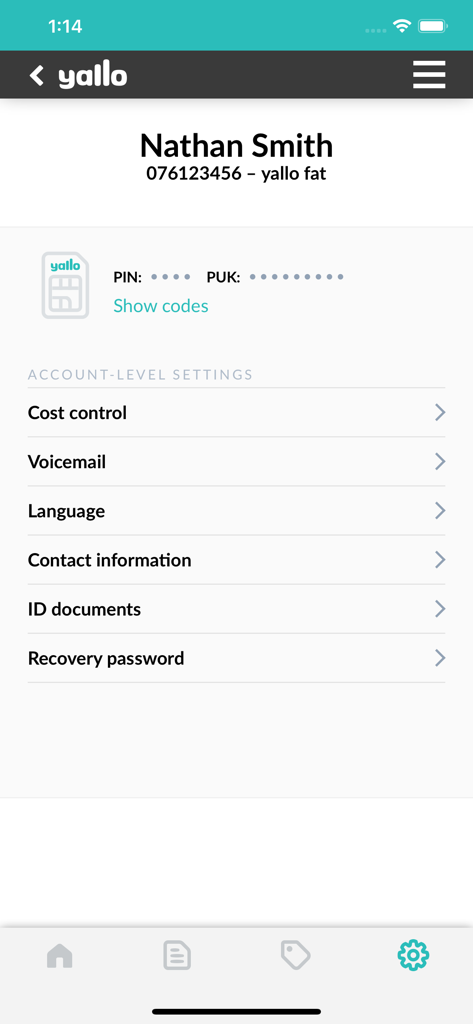 Uno screenshot dell'app yallo che mostra le impostazioni a livello di account e i dettagli della carta SIM