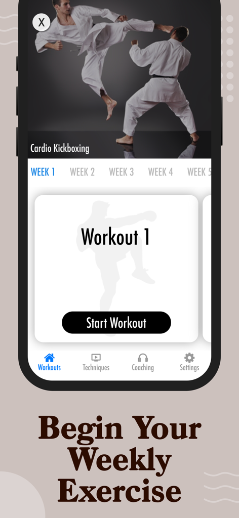 Mobile app interface displaying a weekly cardio kickboxing workout schedule and a start button
