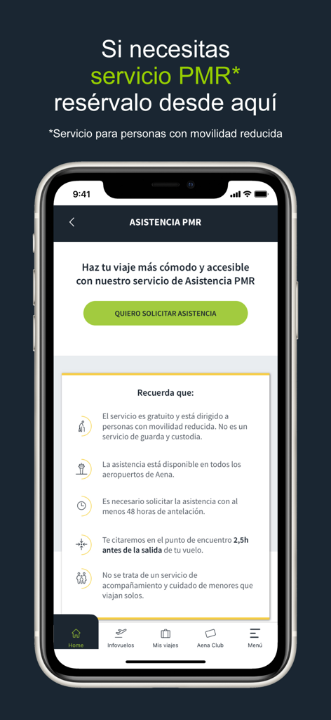 Interfaz de la app Aena que muestra la página de solicitud de servicio para pasajeros con movilidad reducida.