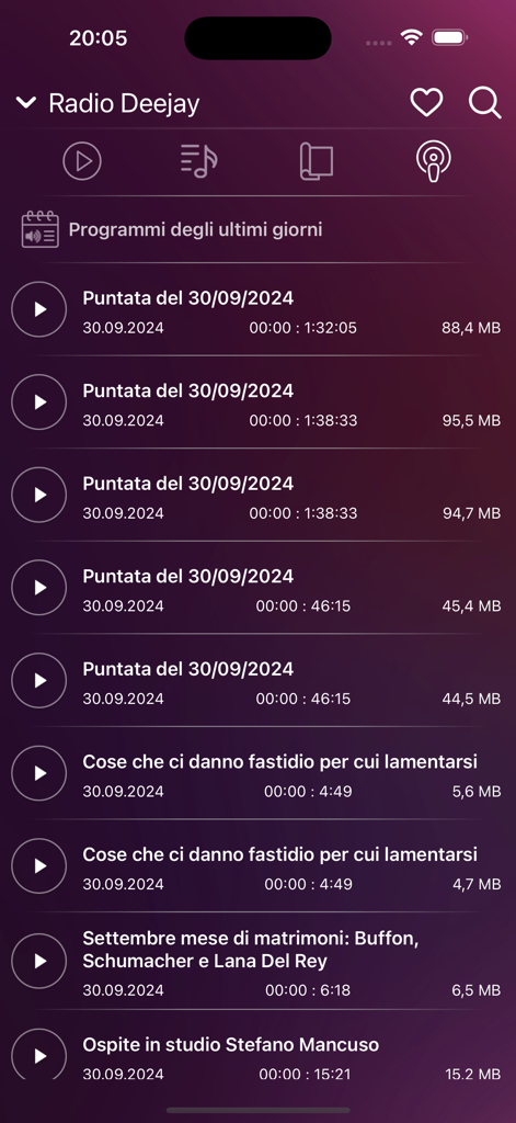 Elenco dei programmi radiofonici archiviati da Radio Deejay nell'app