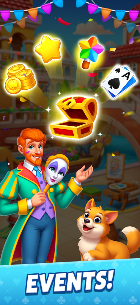 Solitaire Story - A performer and a small dog standing next to a treasure chest with floating rewards like coins and cards under the word Events.