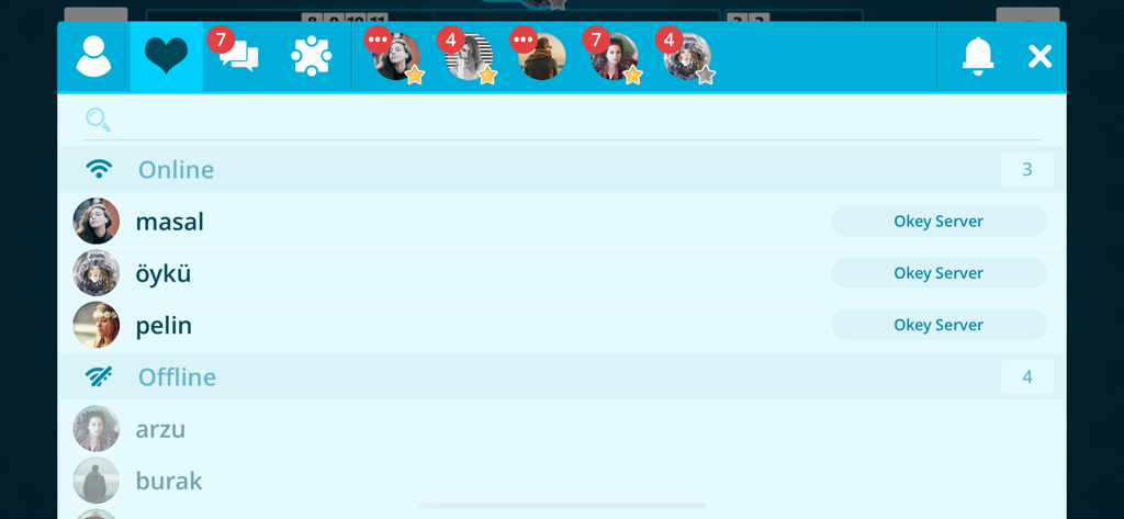 A friends list screen in the 101 Yuzbir Okey app showing online and offline players with their profile pictures and server status