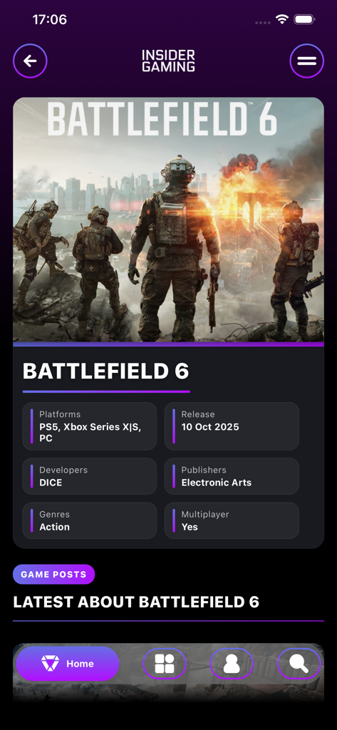 Battlefield 6 game information screen on the Insider Gaming app