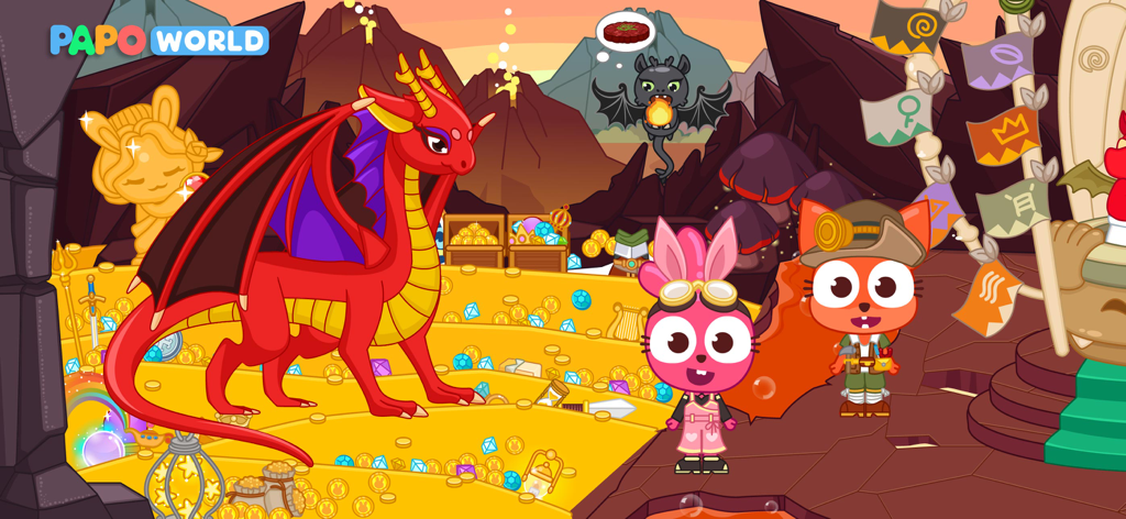 Papo Town: Underground City - Purple Pink the Bunny and CoCo Fox in an underground treasure cave with a large red dragon.