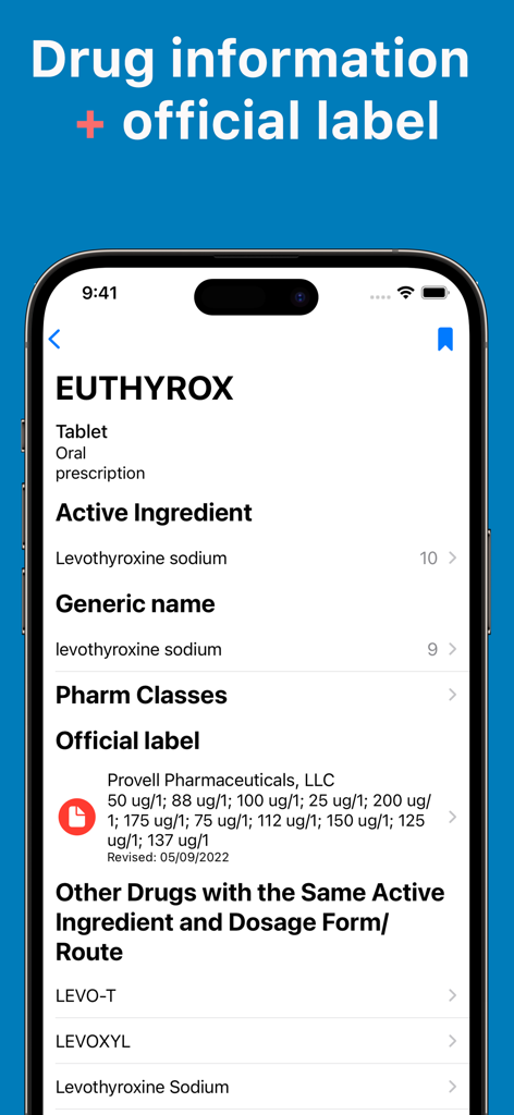 Mobile screen showing drug information and official labels for Euthyrox medication