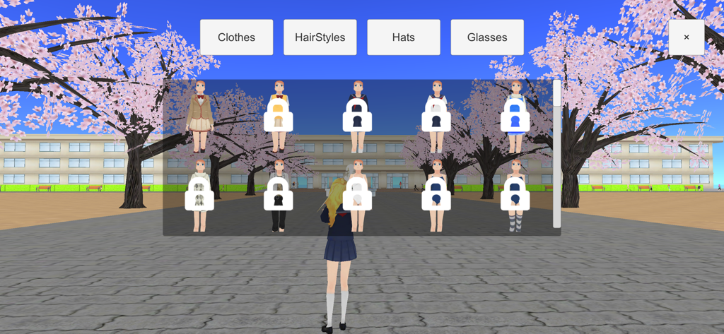Women's School Simulator Next - Anime character customization menu with school uniforms and cherry blossom trees