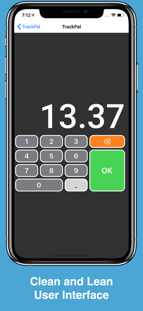 TrackPal Lite app manual odometer correction screen with a large numeric keypad and high contrast display
