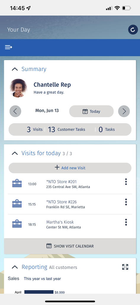 Consumer Goods Cloud - O painel Seu Dia no aplicativo Consumer Goods Cloud mostrando a agenda diária de um representante de campo, incluindo visitas a lojas e tarefas do cliente.