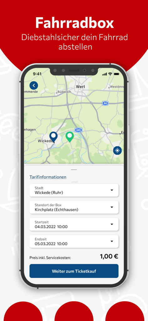 mobilet.de - Interface of the mobilet.de app showing a map and booking options for secure bicycle parking boxes.