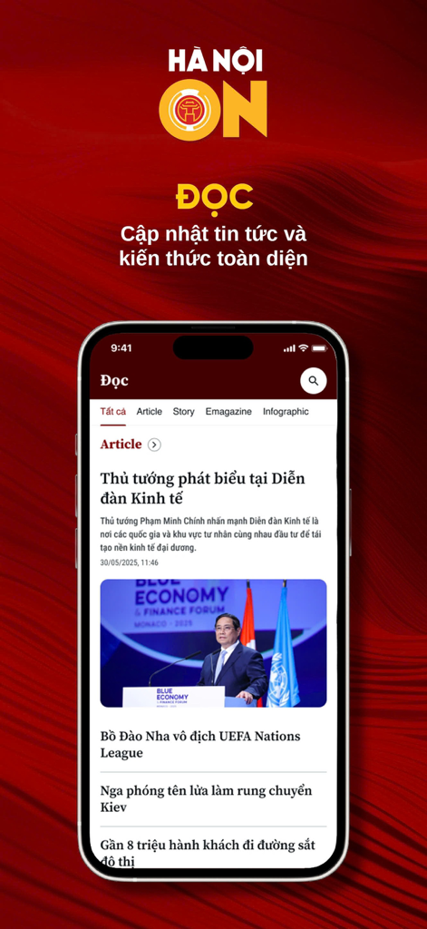 HANOI ON - Hanoi On app screenshot displaying the news reading section with articles in Vietnamese
