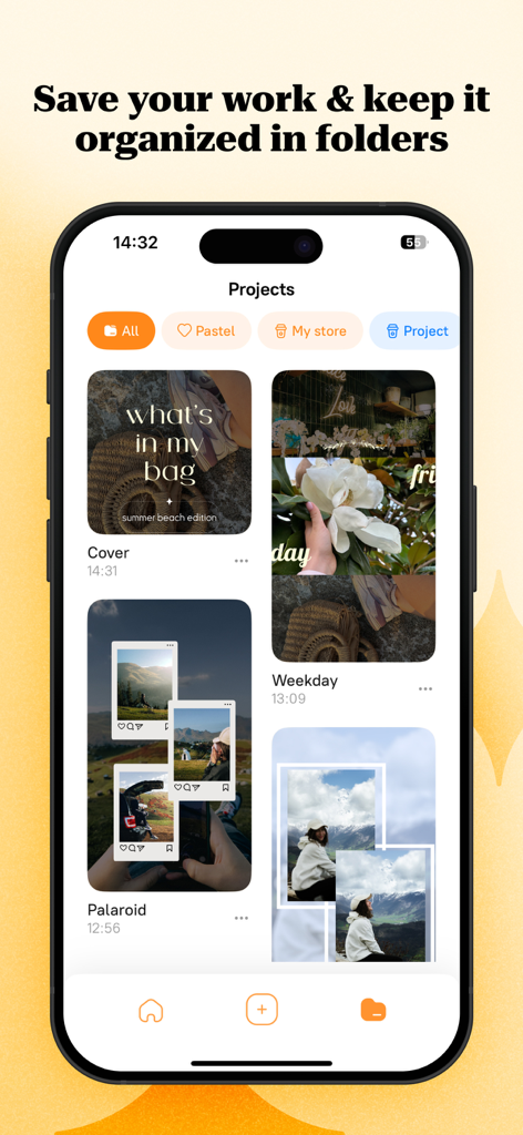 Smartphone screen showing organized design projects in the Pastel app