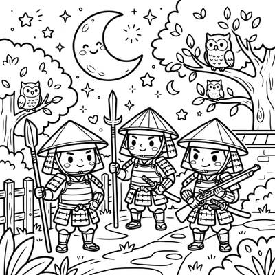 Embark on a creative journey with this adorable Ashigaru night watch coloring page designed for kids! Discover cute warrior figures, friendly owls, and a starry night sky, ready for a splash of imagination.