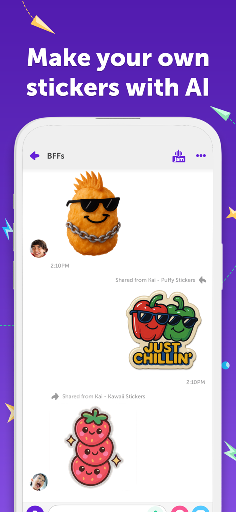 Ein Chat-Bildschirm in der Kinzoo App zeigt verschiedene KI-generierte Sticker für Kinder