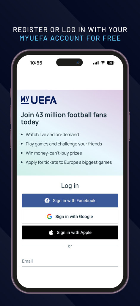 UEFA.tv - UEFA tv App Anmeldebildschirm mit Registrierung für Mein UEFA-Konto und Social-Login-Optionen