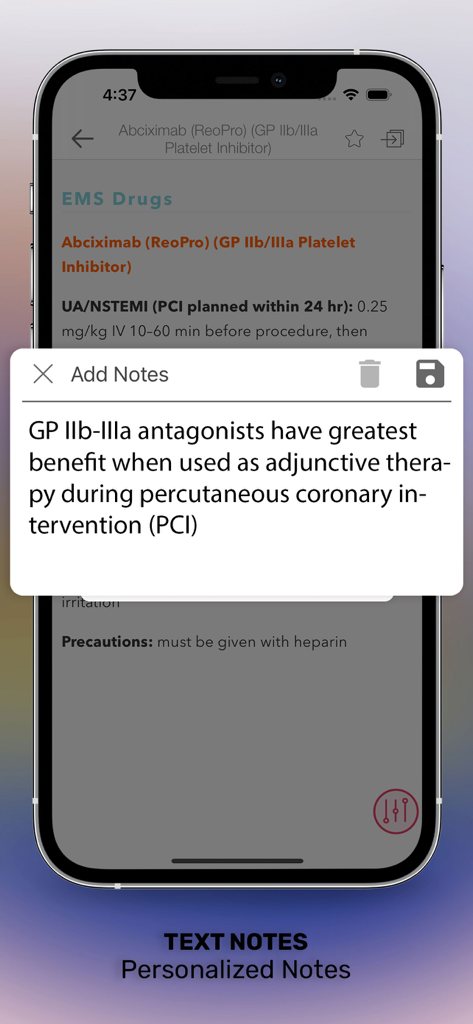 Screenshot of the EMS Notes app showing the personalized text notes feature on a medical drug reference page
