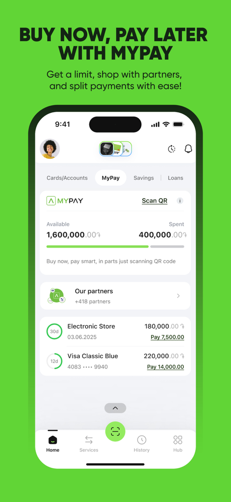 My Ameria - My Ameria app MyPay screen showing buy now pay later installment details.