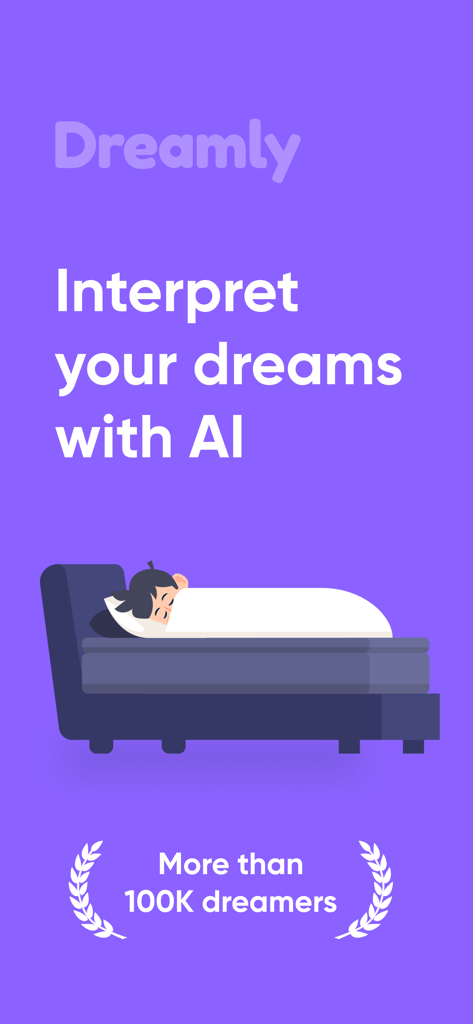 Dreamly: Dream Interpretation - Dreamly app splash screen featuring the text Interpret your dreams with AI and an illustration of a person sleeping