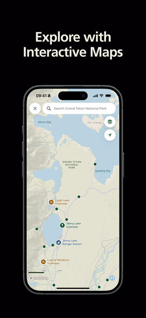 Official NPS app interactive map of Grand Teton National Park featuring hiking trails and overlooks.