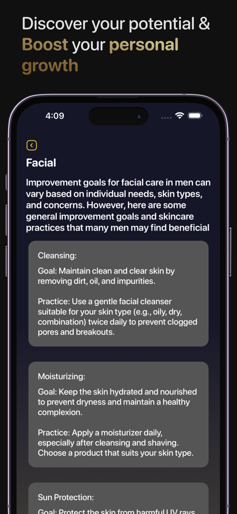 LooksMax Ai : Looksmaxxing - LooksMax Ai app interface displaying facial skincare tips and improvement goals for men