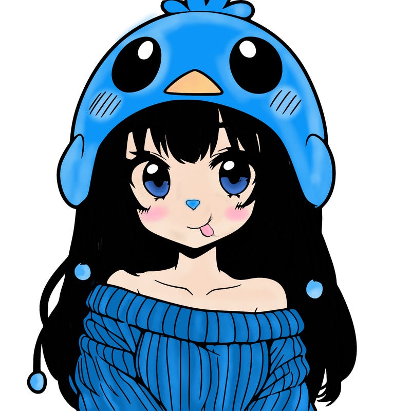 anime girl with chick shaped hat with sweater with bare shoulders with bangs covering them one eye with low tail