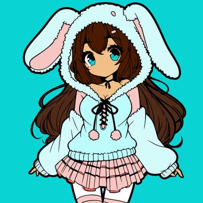 pretty anime girl wearing a fluffy hoodie with bunny ears on the hood and a skirt