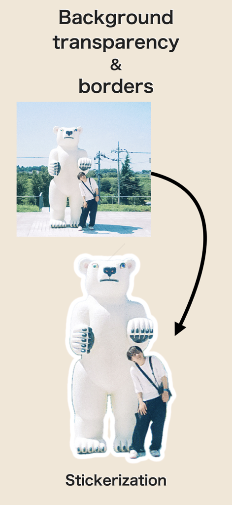 Fuchidori! - Outline Stickers - A demonstration of the app turning a photo into a sticker by removing the background and adding a white outline.