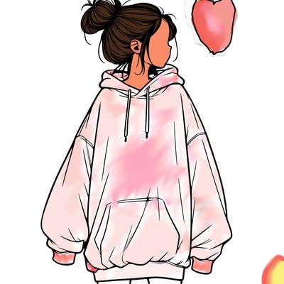 realistic girl with a oversized sweatshirt on and a bun