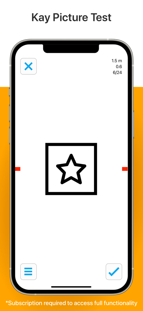 A smartphone displaying a star symbol on the Kay iSight Test Professional app for pediatric vision screening.