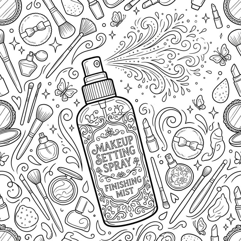 Dive into the intricate world of beauty with this detailed setting spray coloring page. Featuring a central setting spray bottle amidst an array of makeup essentials, it's perfect for artists of all levels.