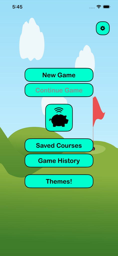 Mini-Golf Score Card - Main menu screen of the Mini-Golf Score Card app featuring navigation buttons for new games history and settings on a cartoon golf background