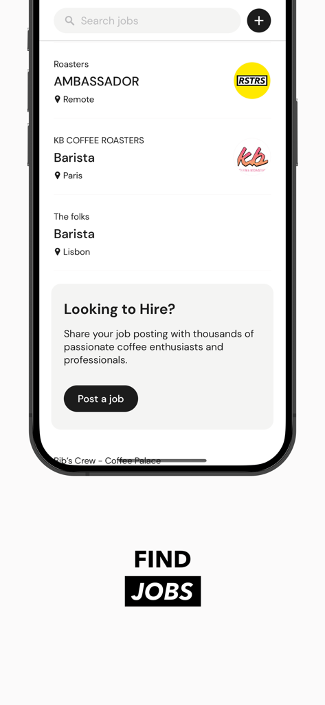 Un écran mobile de l'application Roasters affichant des offres d'emploi dans l'industrie du café, y compris des postes de Barista et Ambassadeur.